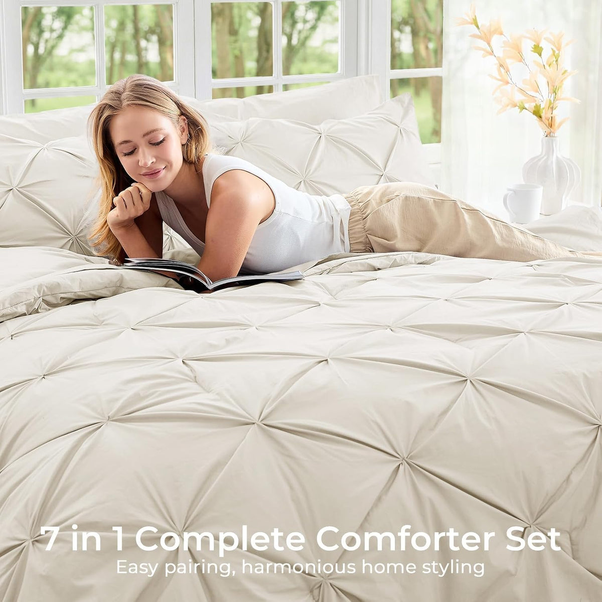 King Size Comforter Set, 7-Piece Bed in a Bag, Pintuck Bedding Set for All Season, Includes Comforter, Flat Sheet, Fitted Sheet, Pillowcases and Pillowshams, Beige