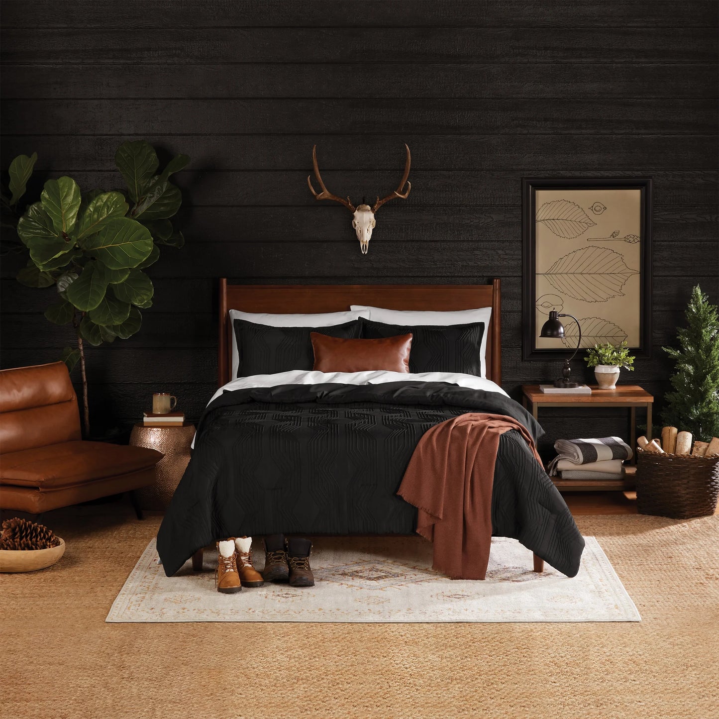 King Comforter Set, All-Season, 5-Piece, Black Jacquard Geo