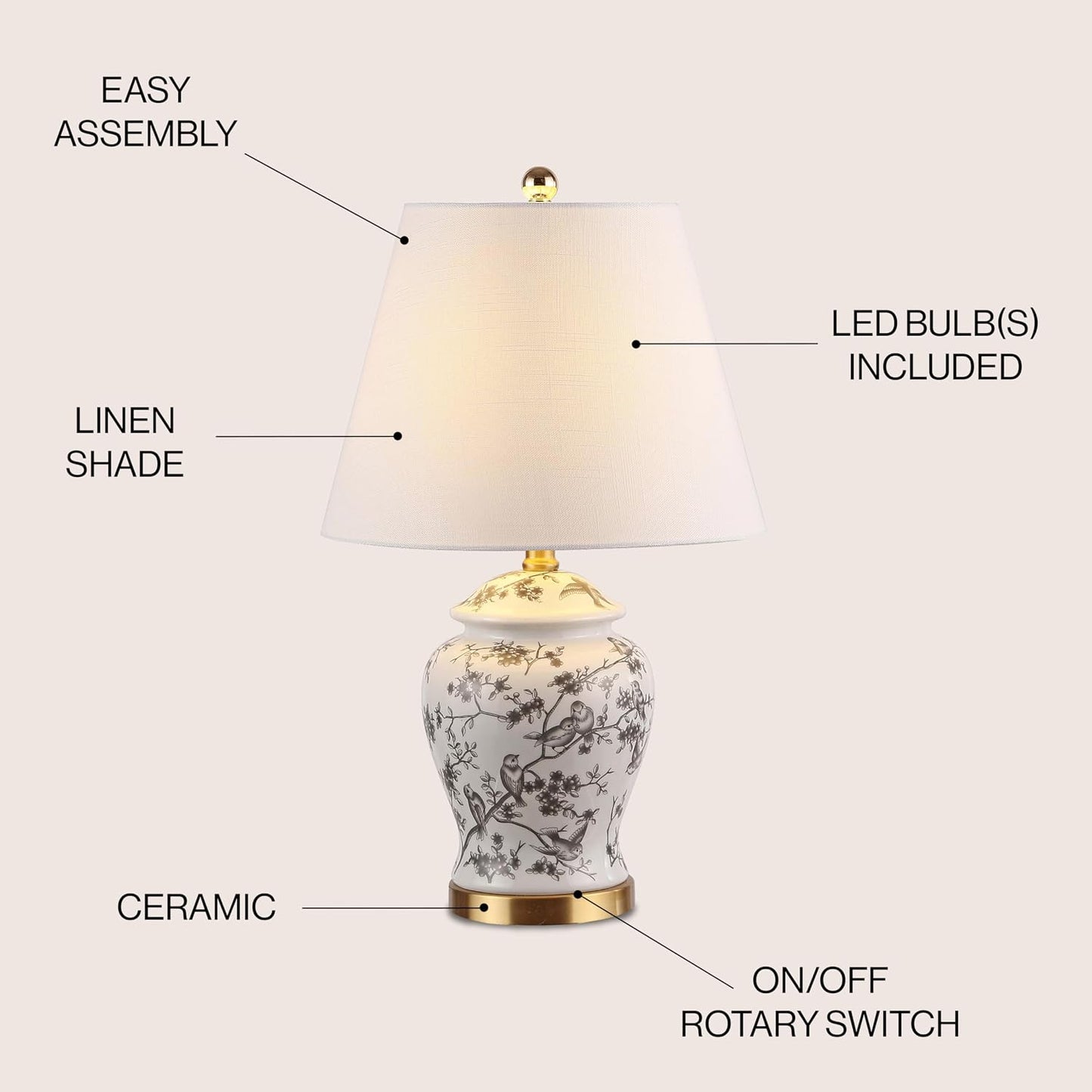 Penelope Ginger Jar 22" LED Table Lamp, Gray/White, Ceramic Metal Construction, Linen Empire Shade, Brass Gold, LED Bulb Included
