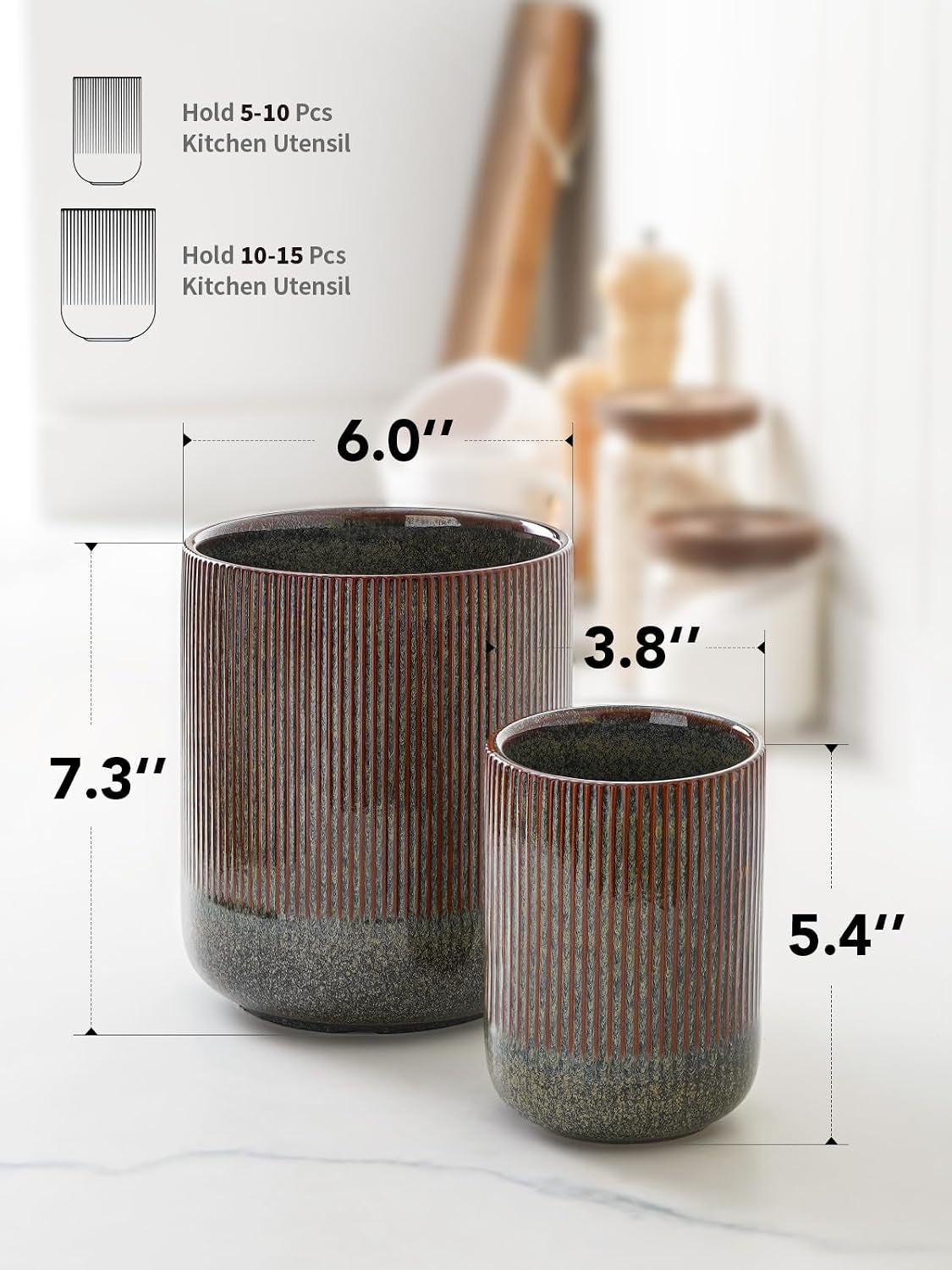 Utensil Holder for Kitchen Counter, 7.3"+5.4" Fluted Ceramic Utensil Crock Organizer for Countertop, Set of 2, Olive Brown Marble