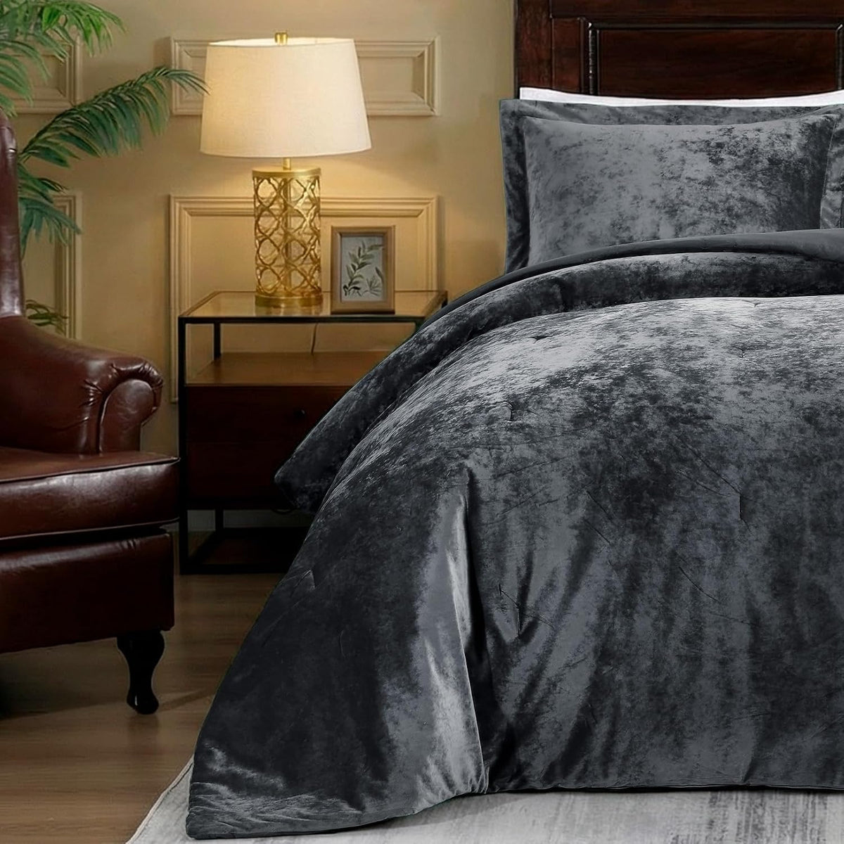 Velvet Queen Comforter Set, Luxuriously Soft Comforter Queen Size, Lightweight Bedding Set for All Seasons, Comforter (92"X96") with 2 Matching Shams (20"X26"), Grey
