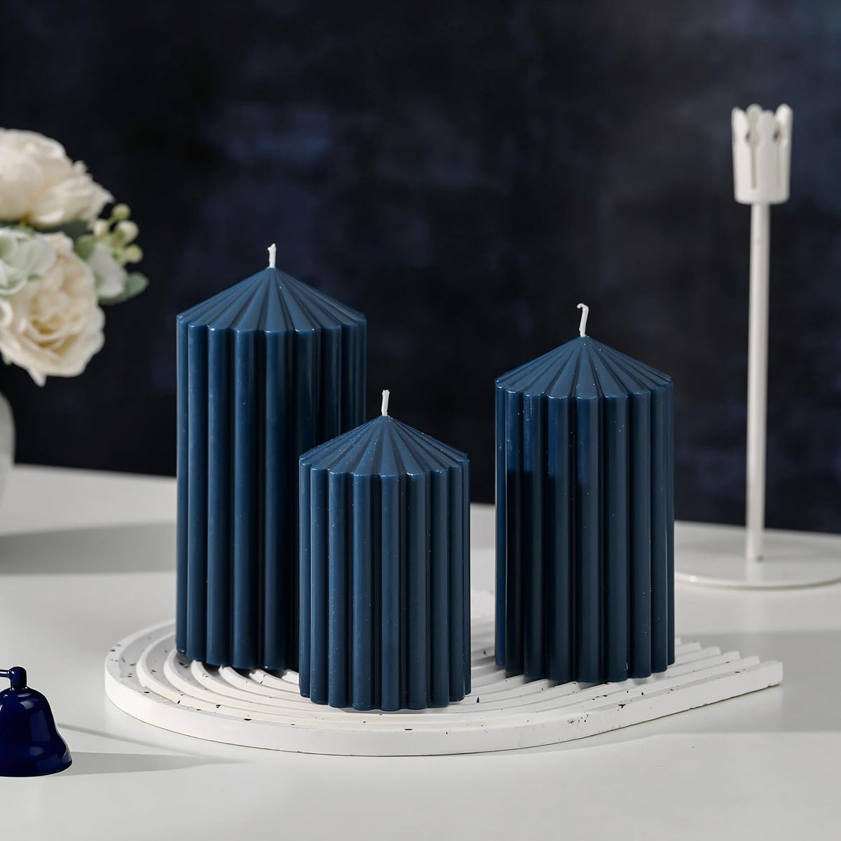 Blue Ribbed Pillar Candles Set of 3,Soy Wax Unscented Candle