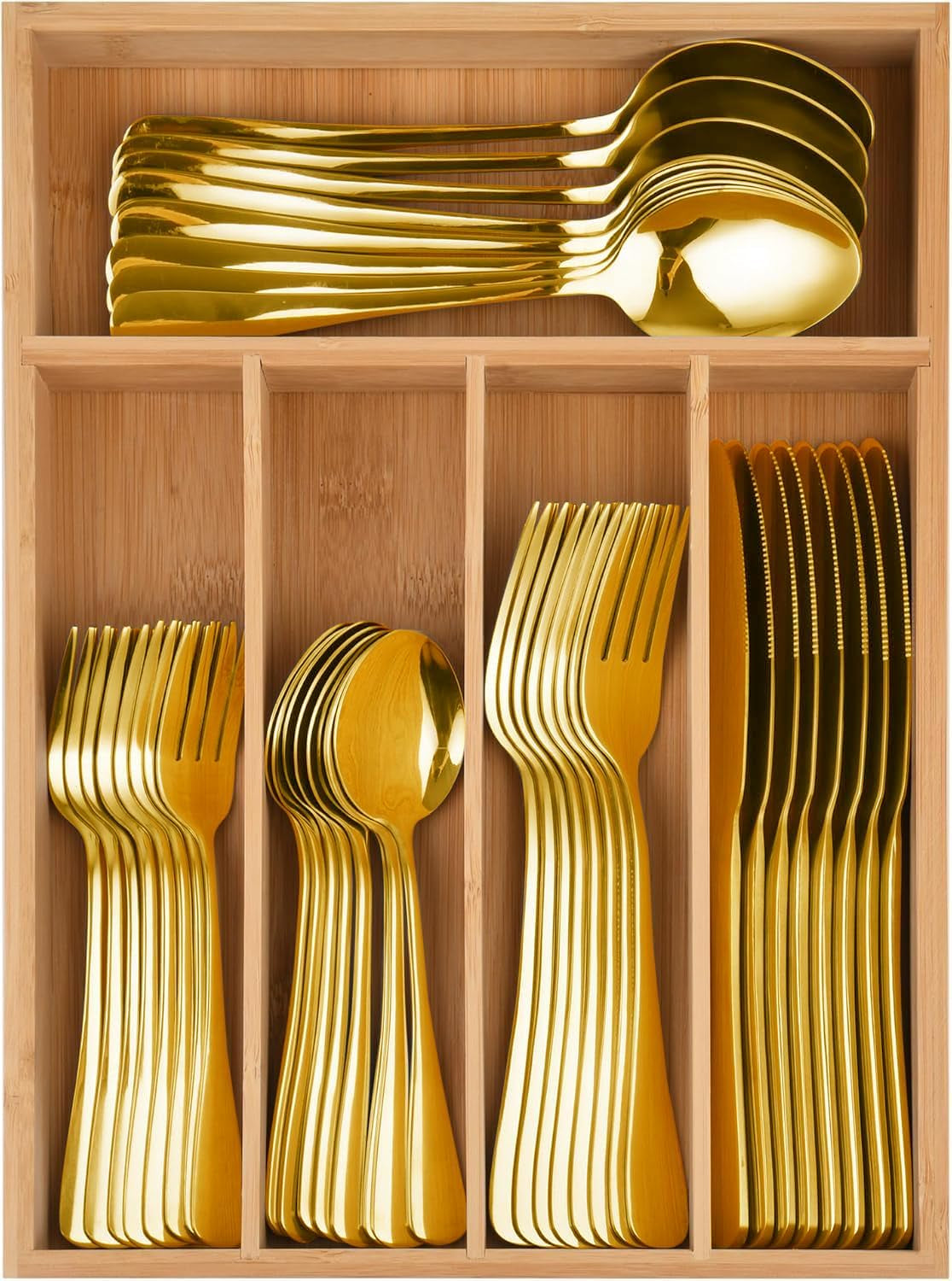20-Piece Gold Silverware Set with Organizer, Heavy Duty Stainless Steel Flatware Cutlery Set, Fork Spoon Knife Set with Kitchen Essentials Organizer, Rust-Proof, Dishwasher Safe