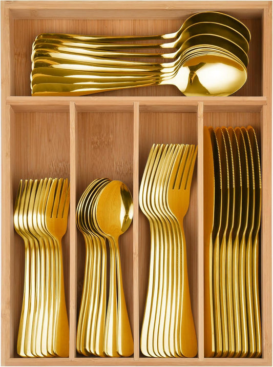 20-Piece Gold Silverware Set with Organizer, Heavy Duty Stainless Steel Flatware Cutlery Set, Fork Spoon Knife Set with Kitchen Essentials Organizer, Rust-Proof, Dishwasher Safe