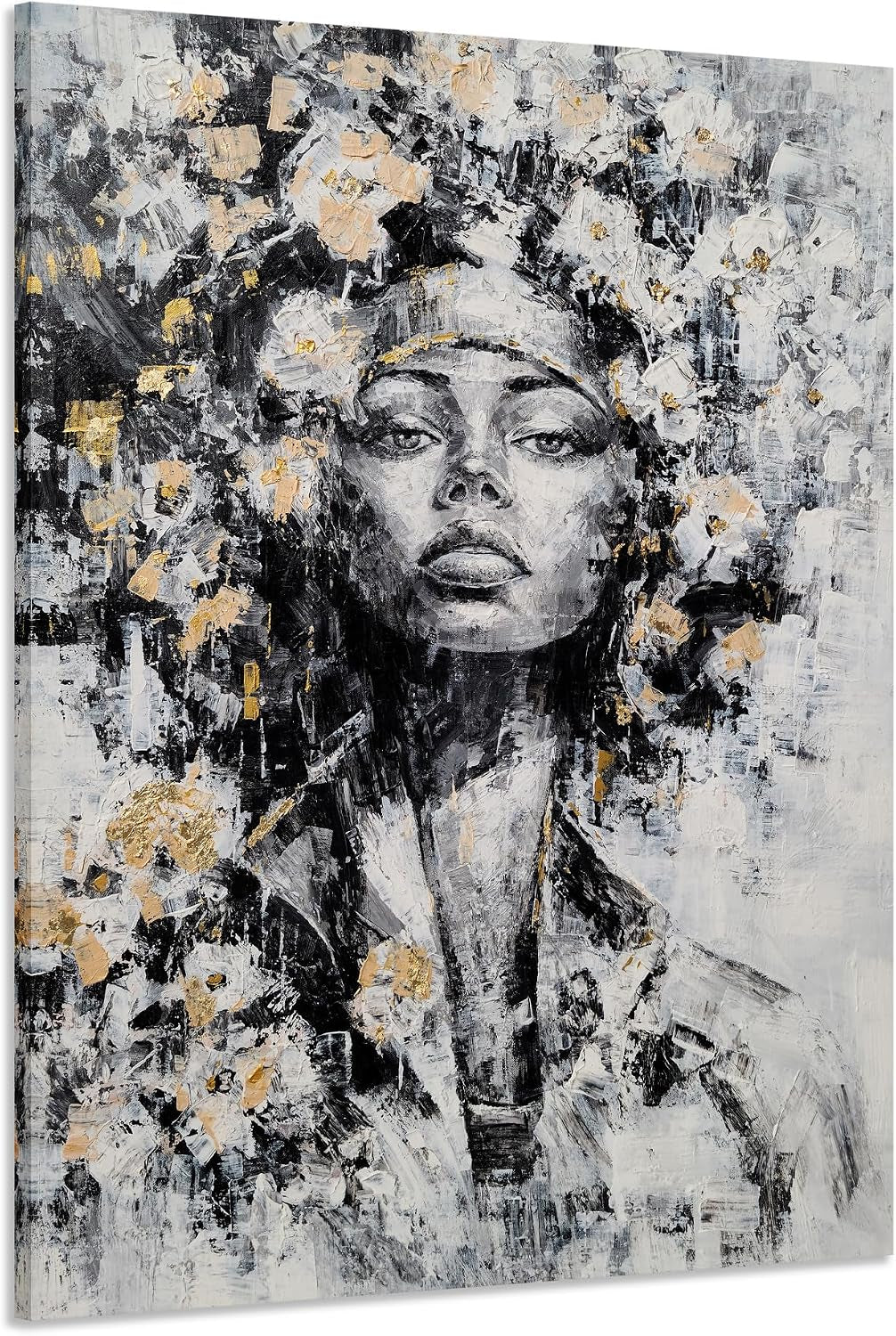 Black Woman Canvas Wall Art - Abstract Flower Painting on Head - African American Pictures for Living Room Bedroom Bathroom Decor