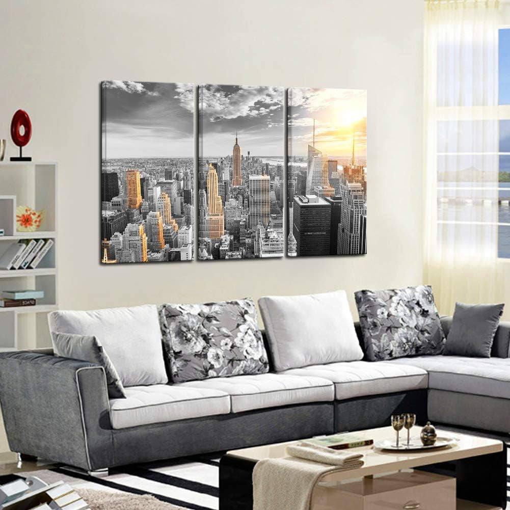 Large 3 Piece New York City Canvas Wall Art Modern Black and White NYC at Gold Sunset Picture Prints Cityscape Skyline Poster Framed for Home Office Living Room Decor