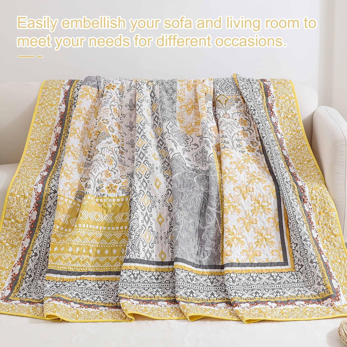 Boho Quilt Set Twin, 3 Pcs Yellow Patchwork Bedspread Set