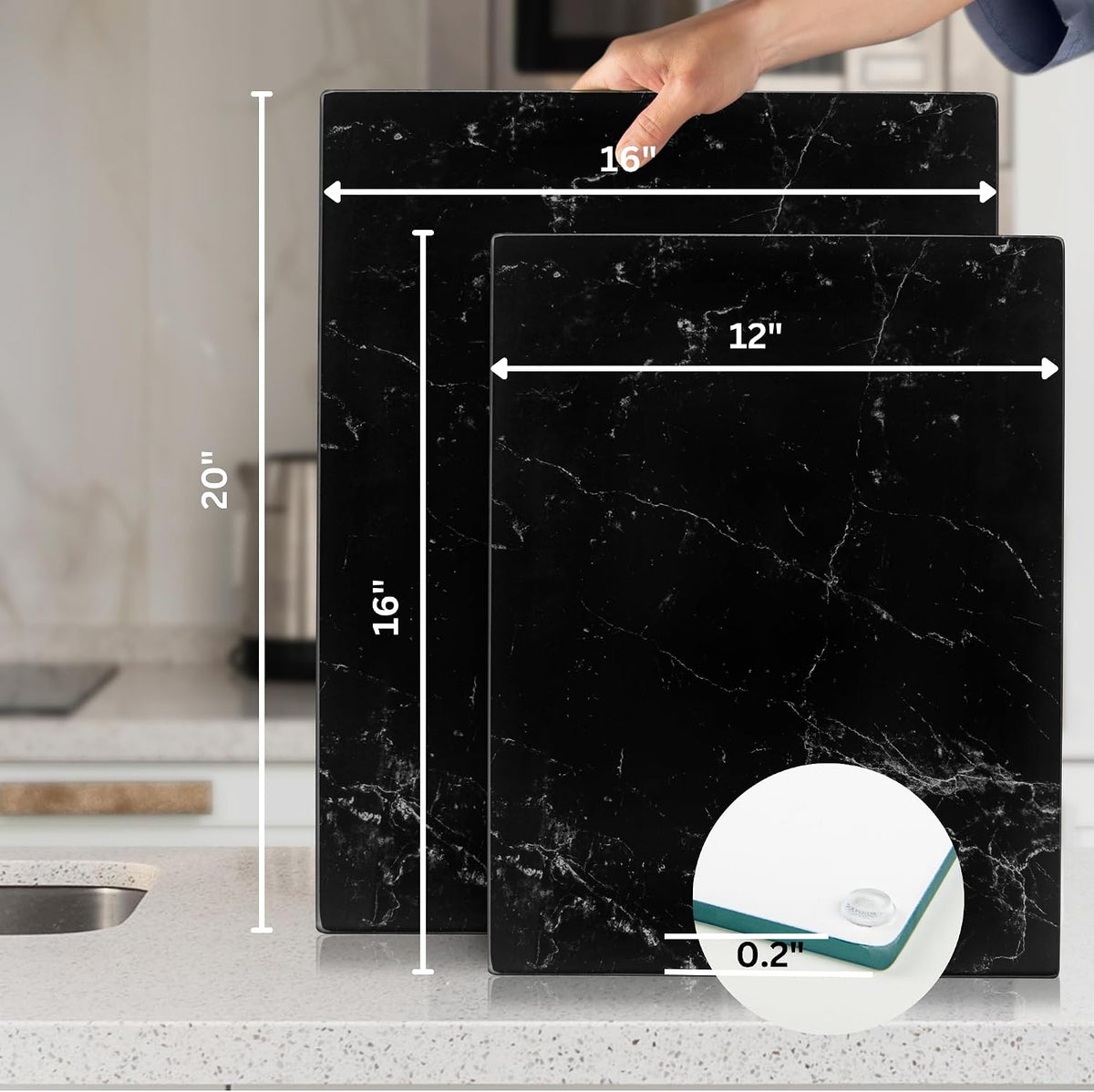 Glass Cutting Board 20”X16”: Tempered Glass Kitchen Counter Protector - Durable- Scratch-Resistant, Heat-Proof - Design 1 - Black Marble Effect