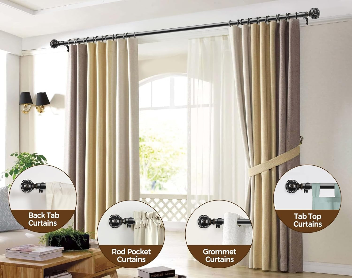 Black Curtain Rod 32 to 58 Inch(2.6-4.8Ft), Adjustable Heavy Duty Curtain Rods for Windows 28 to 48 Inch, 7/8 Inch Drapery Rods with Decorative Netted Texture End
