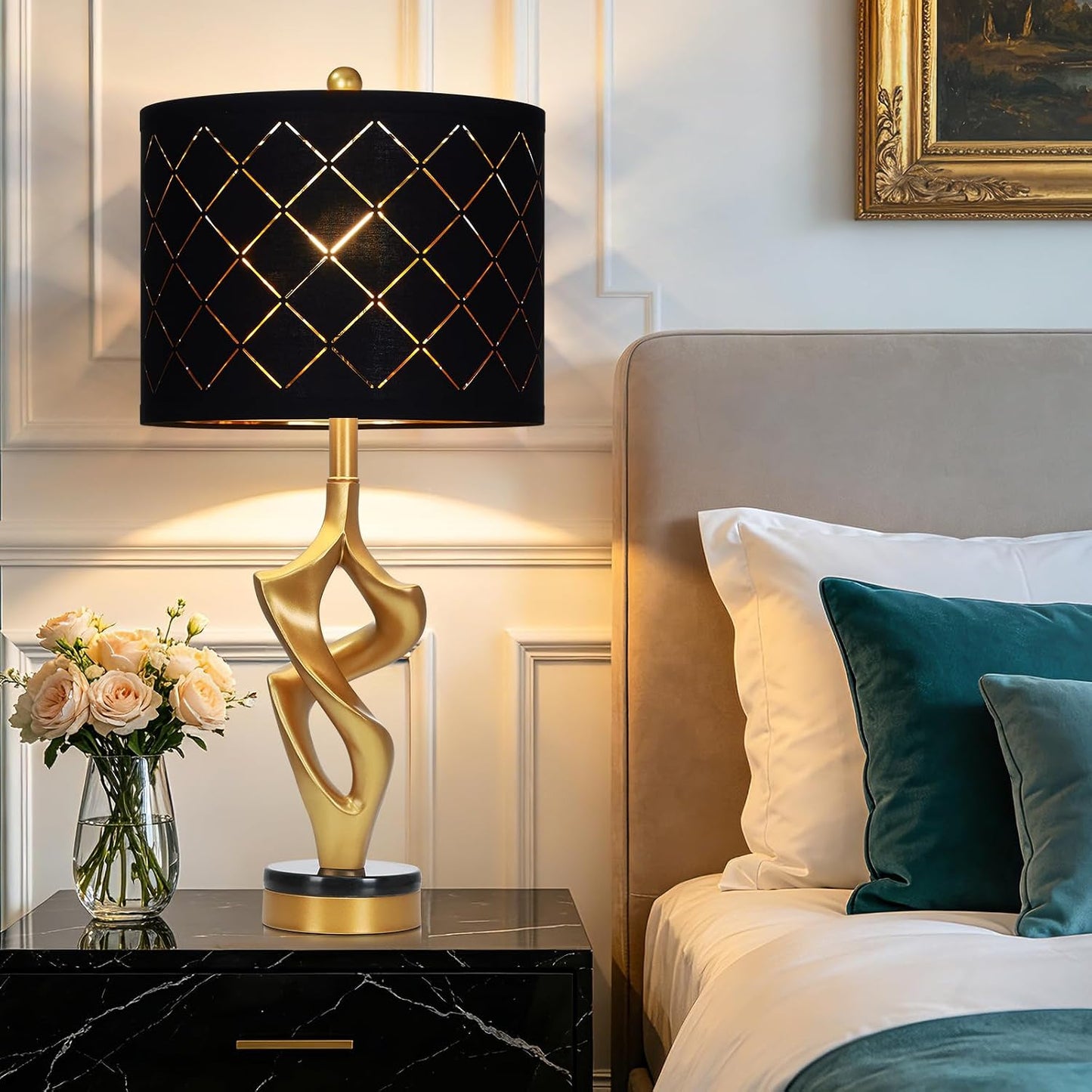 29" Tall Black and Gold Table Lamp, 3 Color Temperatures, Modern Sculptural Resin Lamp with Grid Shade (1 LED Bulb Included)