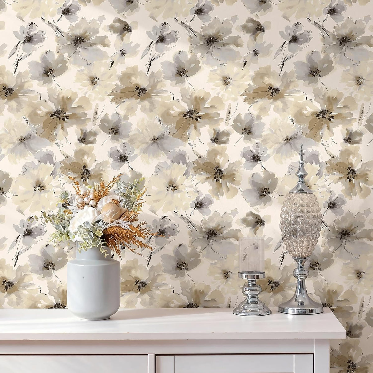 Beige Flower Watercolor Flower Peel and Stick Wallpaper, Honey Wheat Yellow, 17.3X393.7 Inch