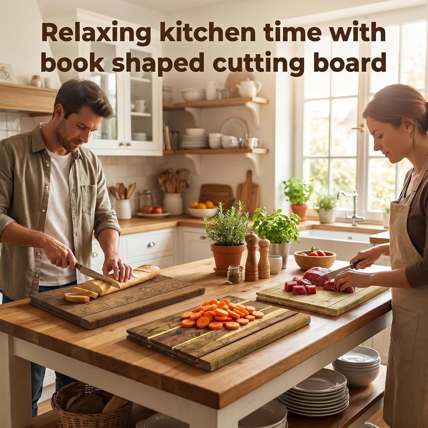Wooden Book Cutting Board Set with Stand 3 Piece Wooden Cutting Boards Decorative Chopping Board Set for Kitchen
