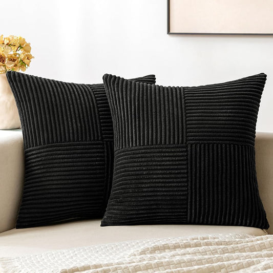 Black Corduroy Throw Pillow Covers Pack of 2 18X18 Inch