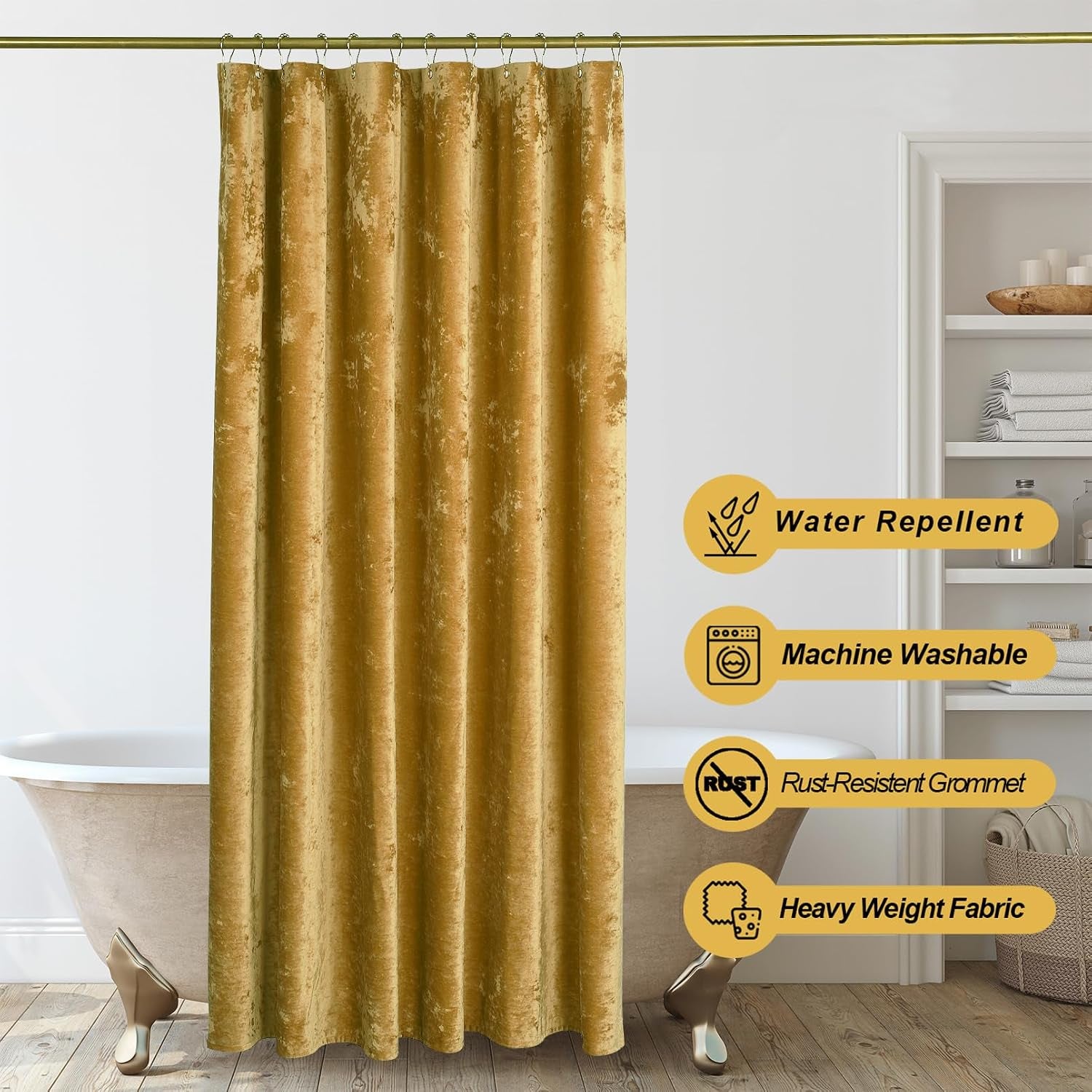 Mustard Gold Shower Curtain for Bathroom, Crushed Velvet Dark Mustard Yellow Shower Curtain, 72 X 72 Inches