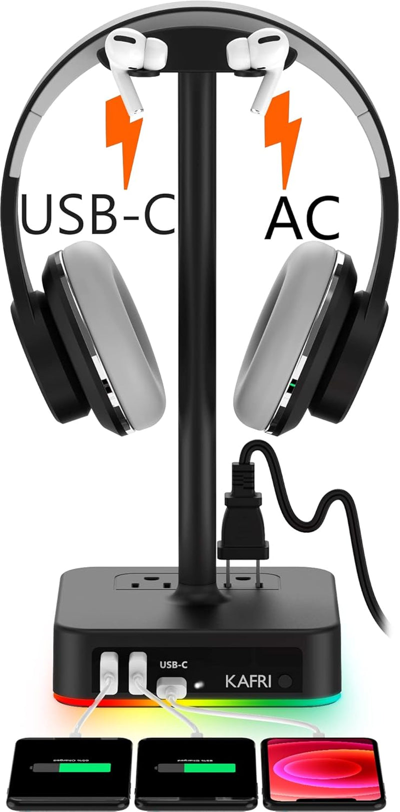 RGB Headphone Stand with USB A&C Charger Desk Gaming Headset Holder Hanger Rack with 3 USB Charging Port and 2 Outlet 