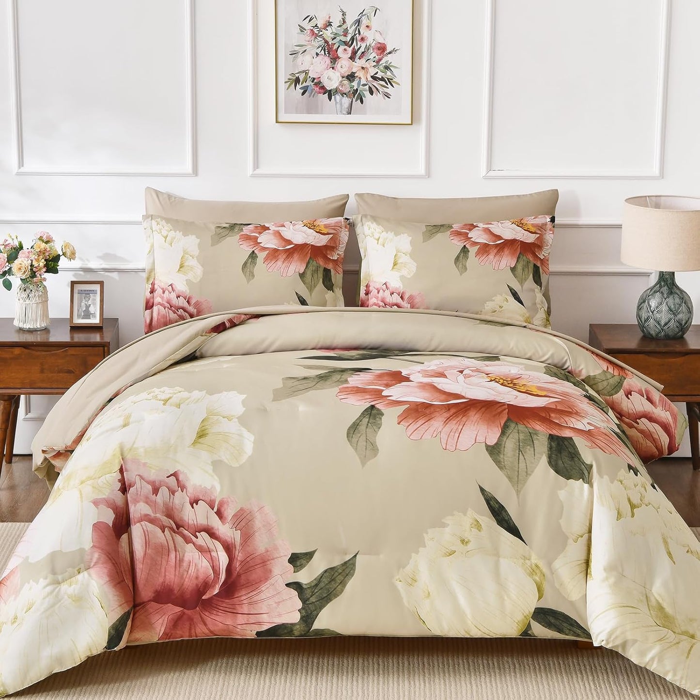 King Size Comforter Set 7 Piece Bed in a Bag, Pink Floral Printed on Khaki Comforter Set with Sheets, Set for All Season