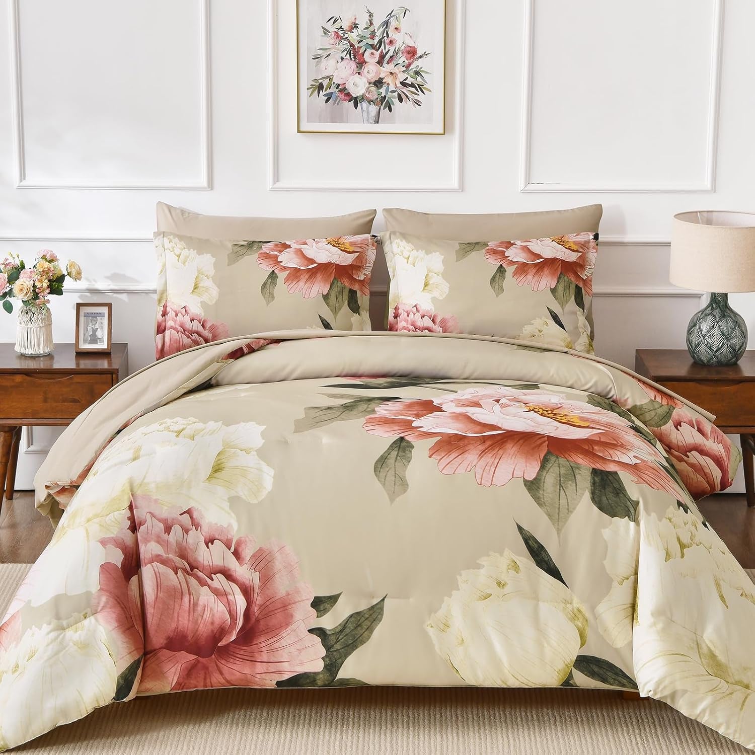 King Size Comforter Set 7 Piece Bed in a Bag, Pink Floral Printed on Khaki Comforter Set with Sheets, Set for All Season