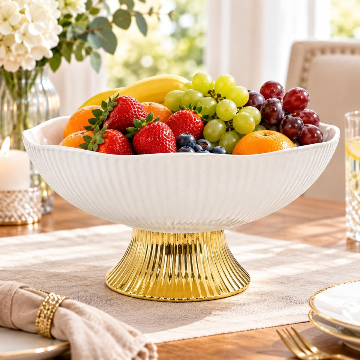 Ceramic Fruit Bowl with Golden Feet, 10 Inch