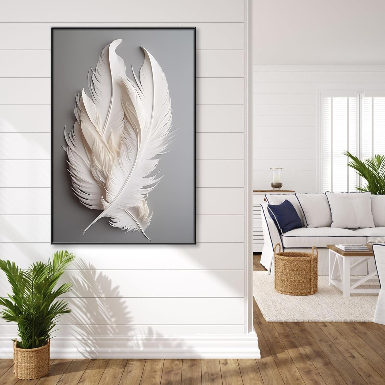 White Feather Canvas Wall Art (Black Framed, 15"X24"|40X60Cm)