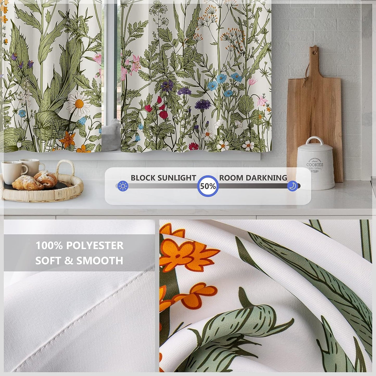 Colorful Leaves Kitchen Curtains - Floral Spring Botanical Tier Cafe Curtains Farmhouse Country Small Window Curtains Rod Pocket Window Drapes 24 Inch 2 Panels Set 28"X24"