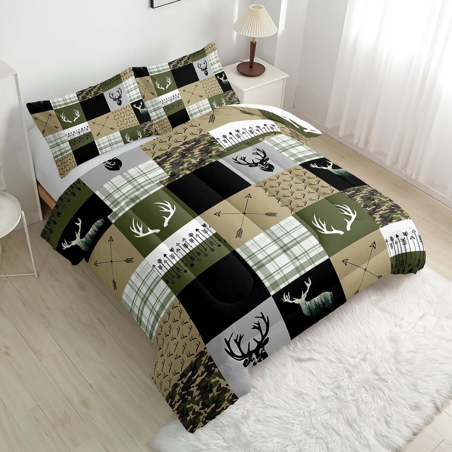 Hunting Camo Comforter Set, Queen Size, Arrows and Deers Comforter Set, 1 Comforter with 2 Pillowcase
