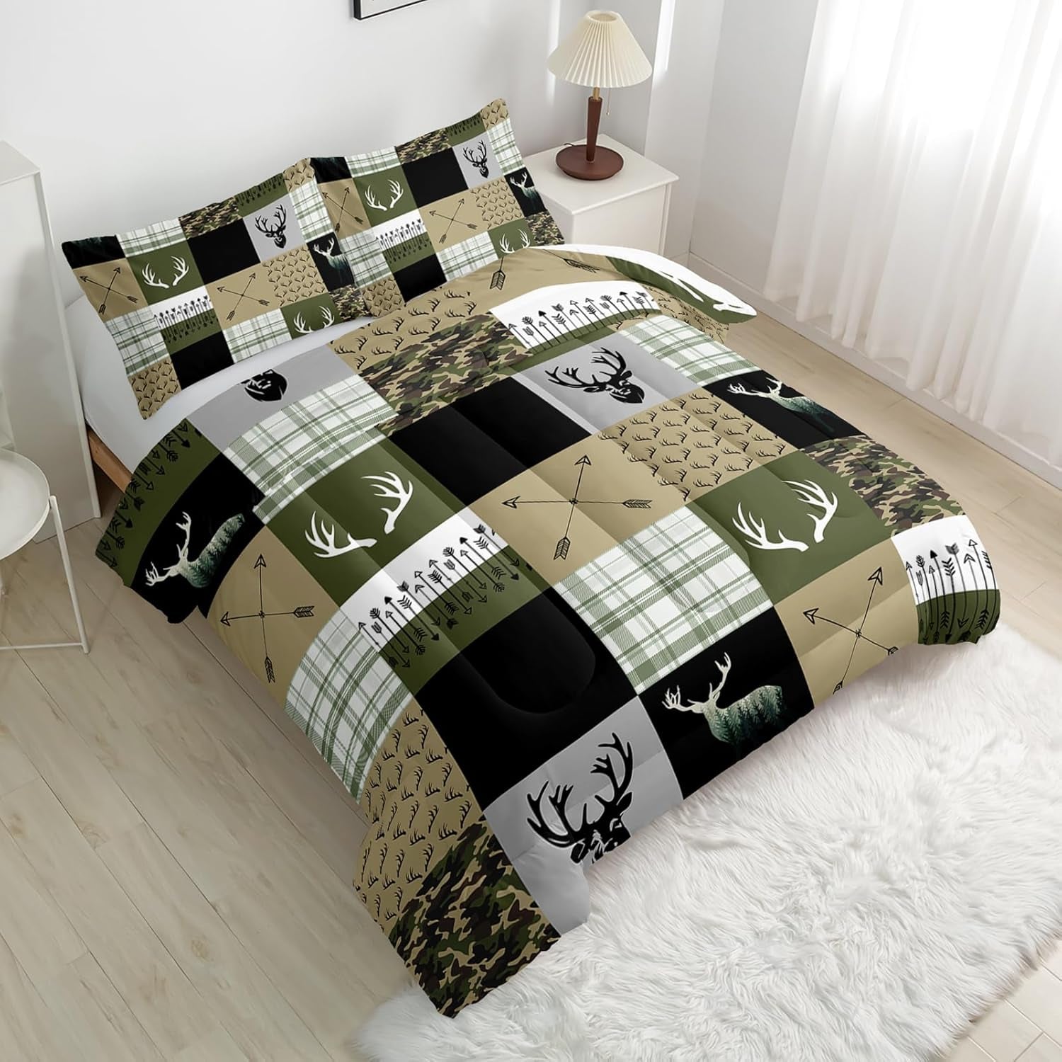 Hunting Camo Comforter Set, Queen Size, Arrows and Deers Comforter Set, 1 Comforter with 2 Pillowcase