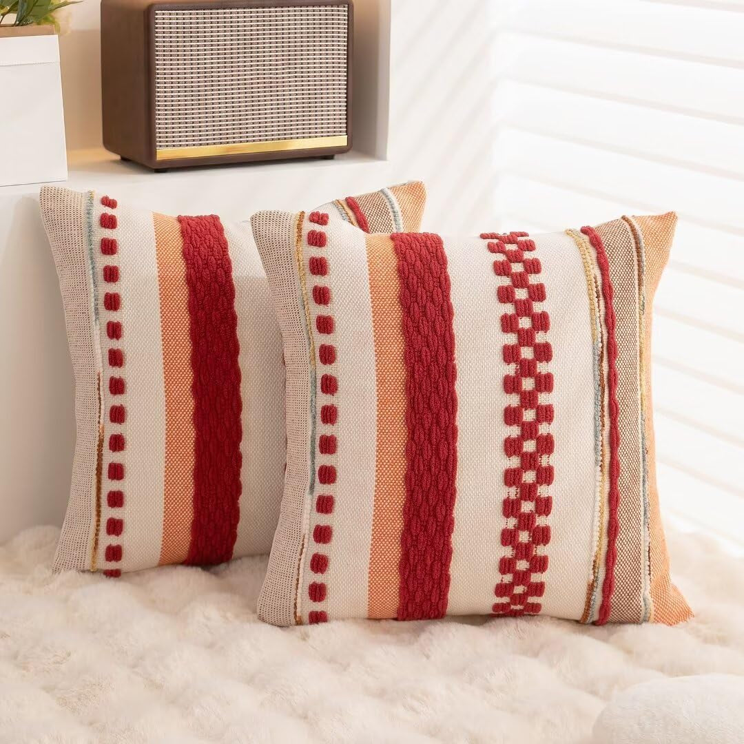 Boho Throw Pillow Covers 18X18 Set of 2 Decorative Cushion Case Striped Square Pillows Cover, Red