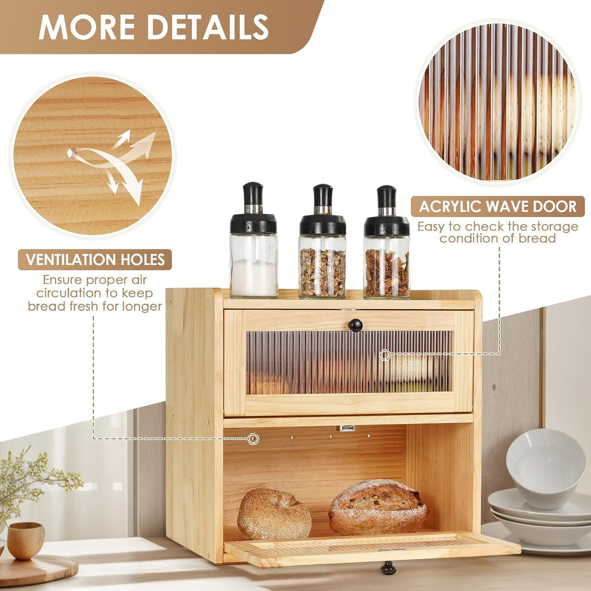 Large 2 Layer Bread Box for Kitchen Countertop, Wooden Bread Storage Container Bin (Wood Color）