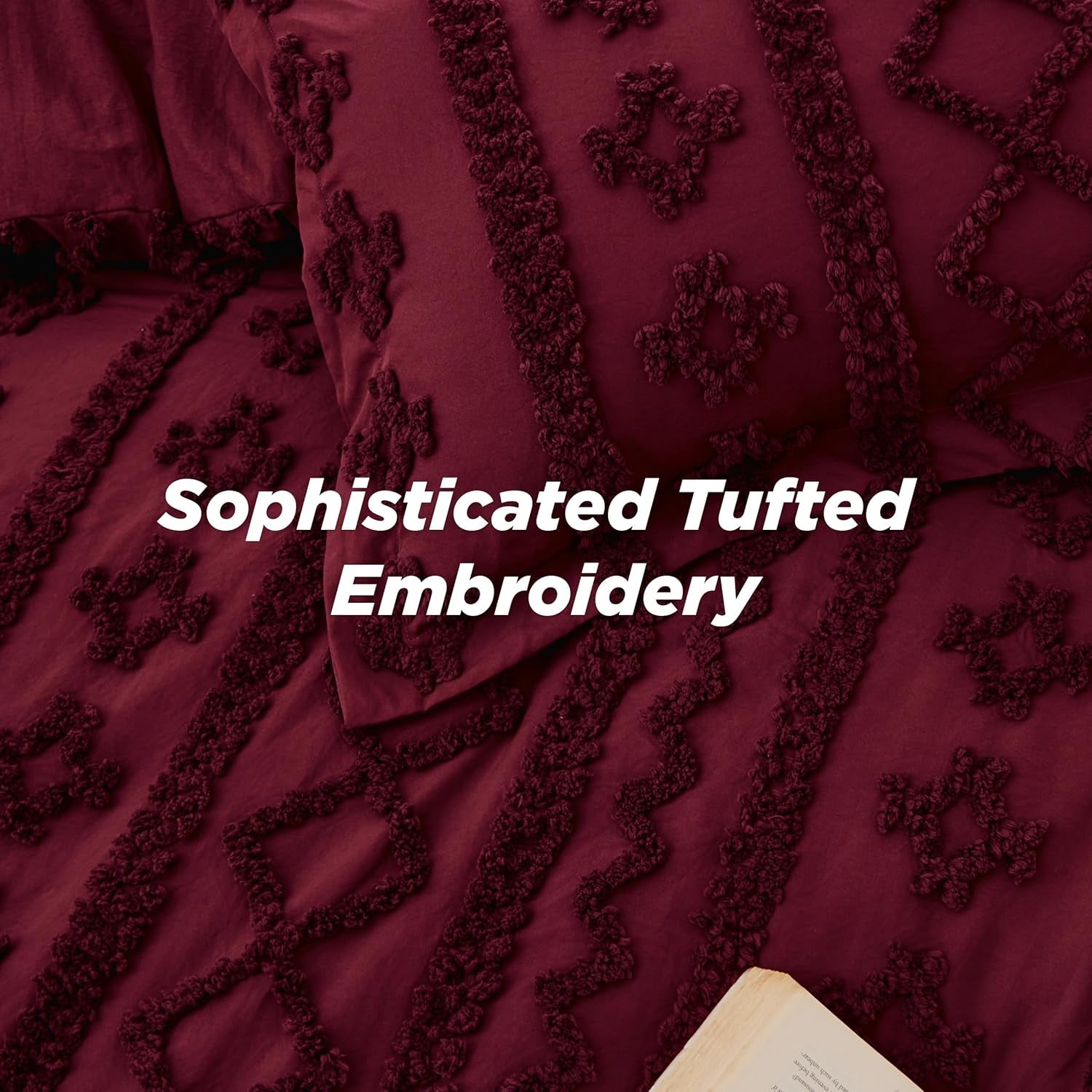 Tufted Boho Comforter Set Twin Size - Dark Red Boho Bed Set, Gentle soft™ 2 Pieces Farmhouse Shabby Chic Embroidery Bedding, Soft Jacquard Twin Comforter for All Seasons