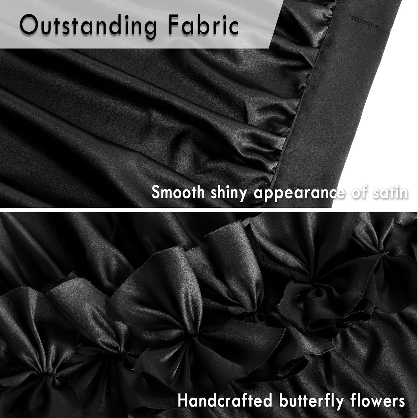 Black Ruffle Shower Curtain, Vintage Handcrafted Satin Curtain with 12 Buttonholes, 72" W X 72" H (LQ-10)