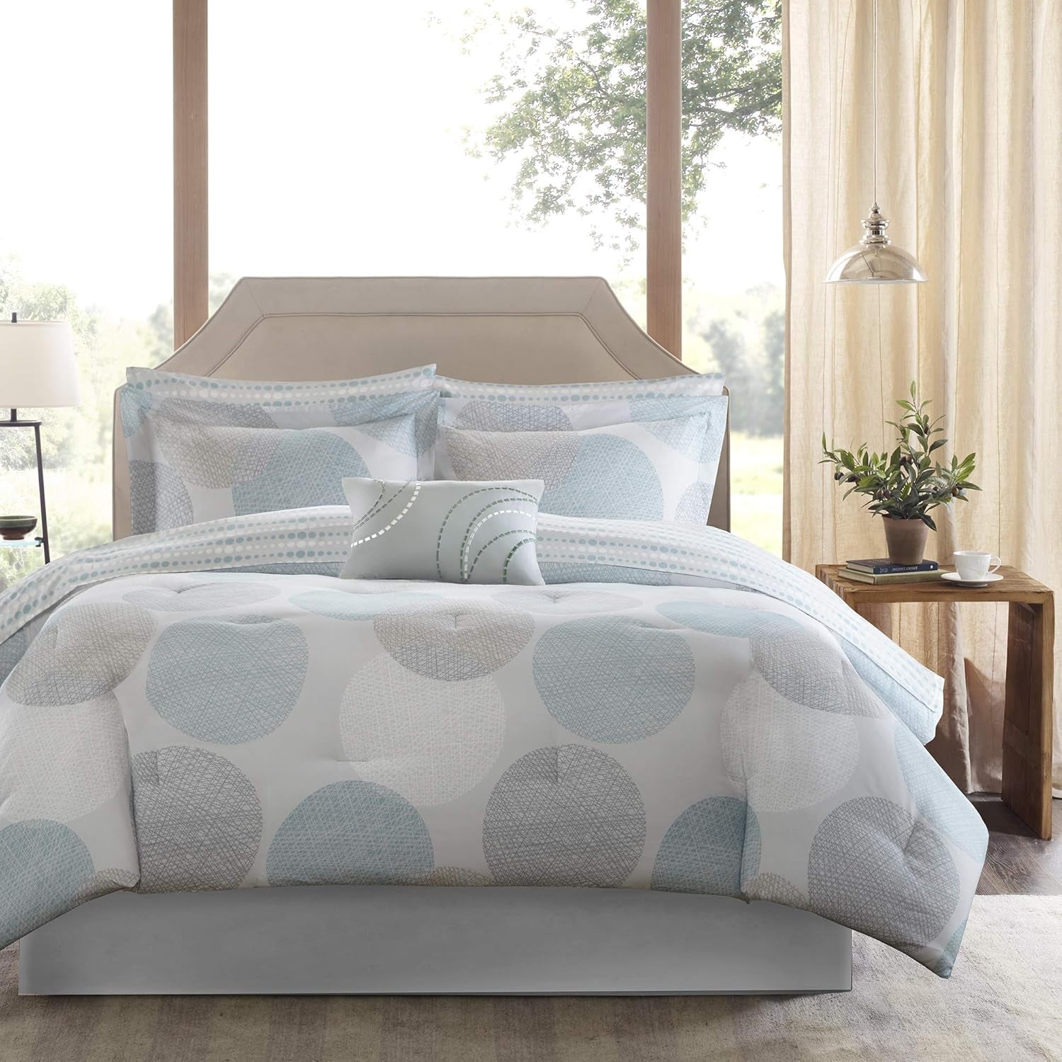 Essentials Bed in a Bag Comforter, Vibrant Color Design All Season down Alternative Cover with Complete Cotton Sheet Set, Full(78"X86"), Knowles, Circular Aqua, 9 Piece