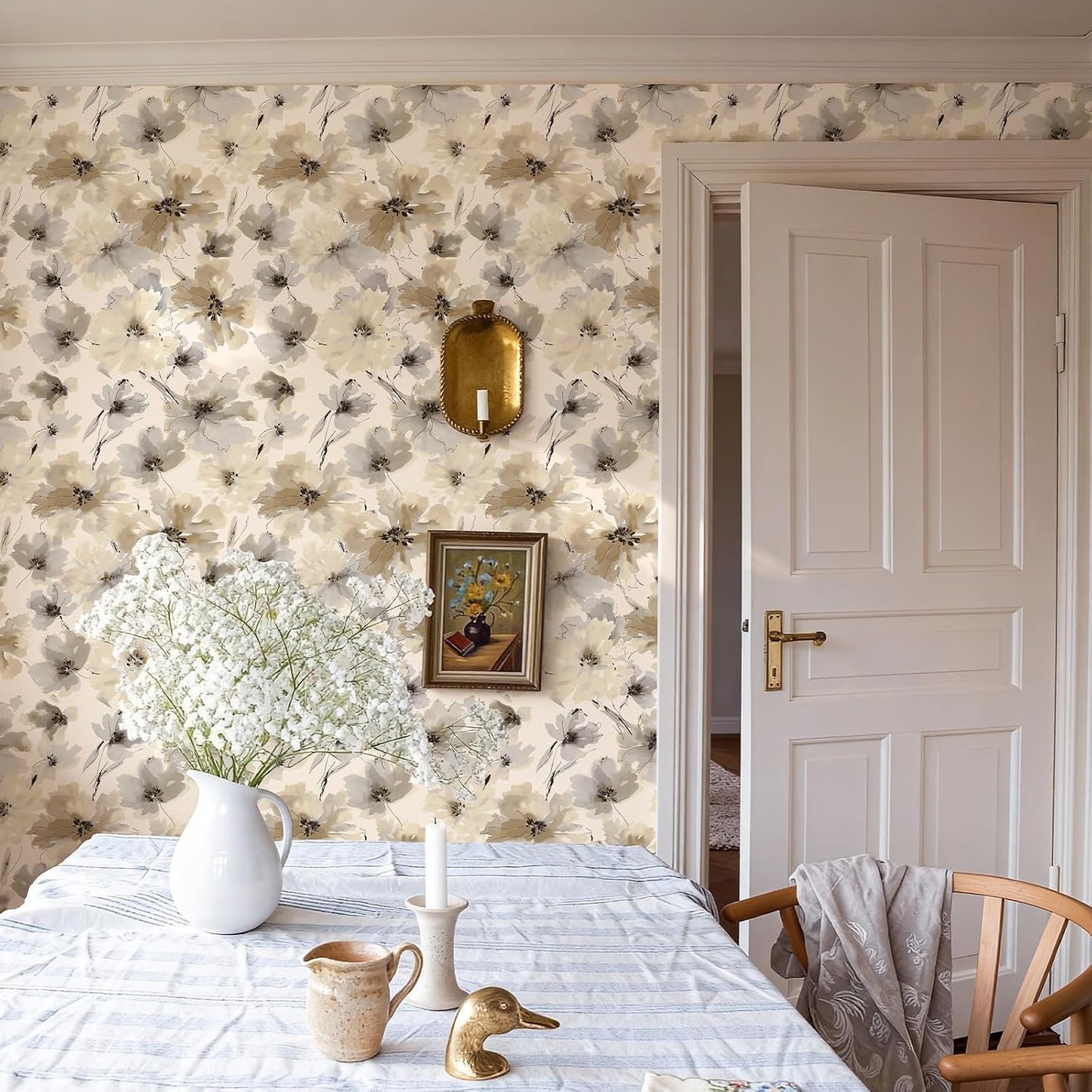 Beige Flower Watercolor Flower Peel and Stick Wallpaper, Honey Wheat Yellow, 17.3X393.7 Inch