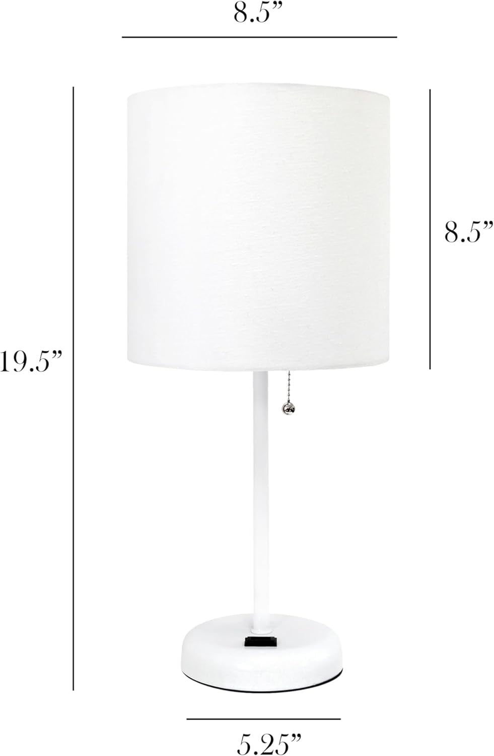 LT1144-WOW Sleek and Slender White Table Lamp with Charging Outlet for Bedroom, White Shade