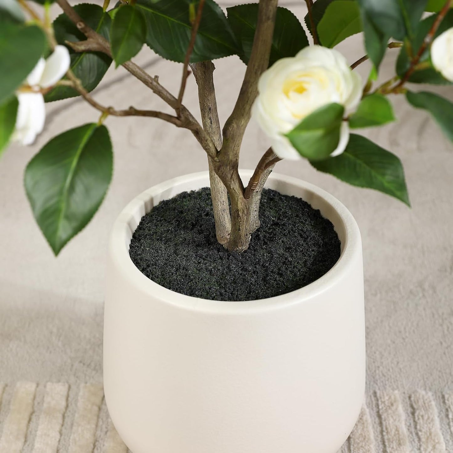 Artificial Camellia Tree, 4FT Faux Plant with Realistic White Silk Flower, Set of 1