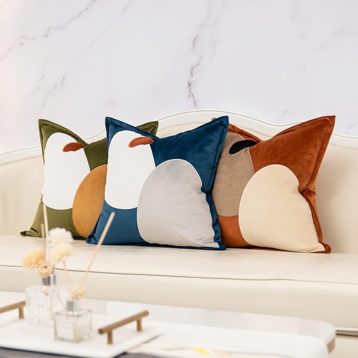 Blue Decorative Velvet Throw Pillow Cover with Cloth Texture Patchwork Cushion Case Modern 18X18 Inch Pillowcase for Sofa Couch Bedroom Living Room Home Decor