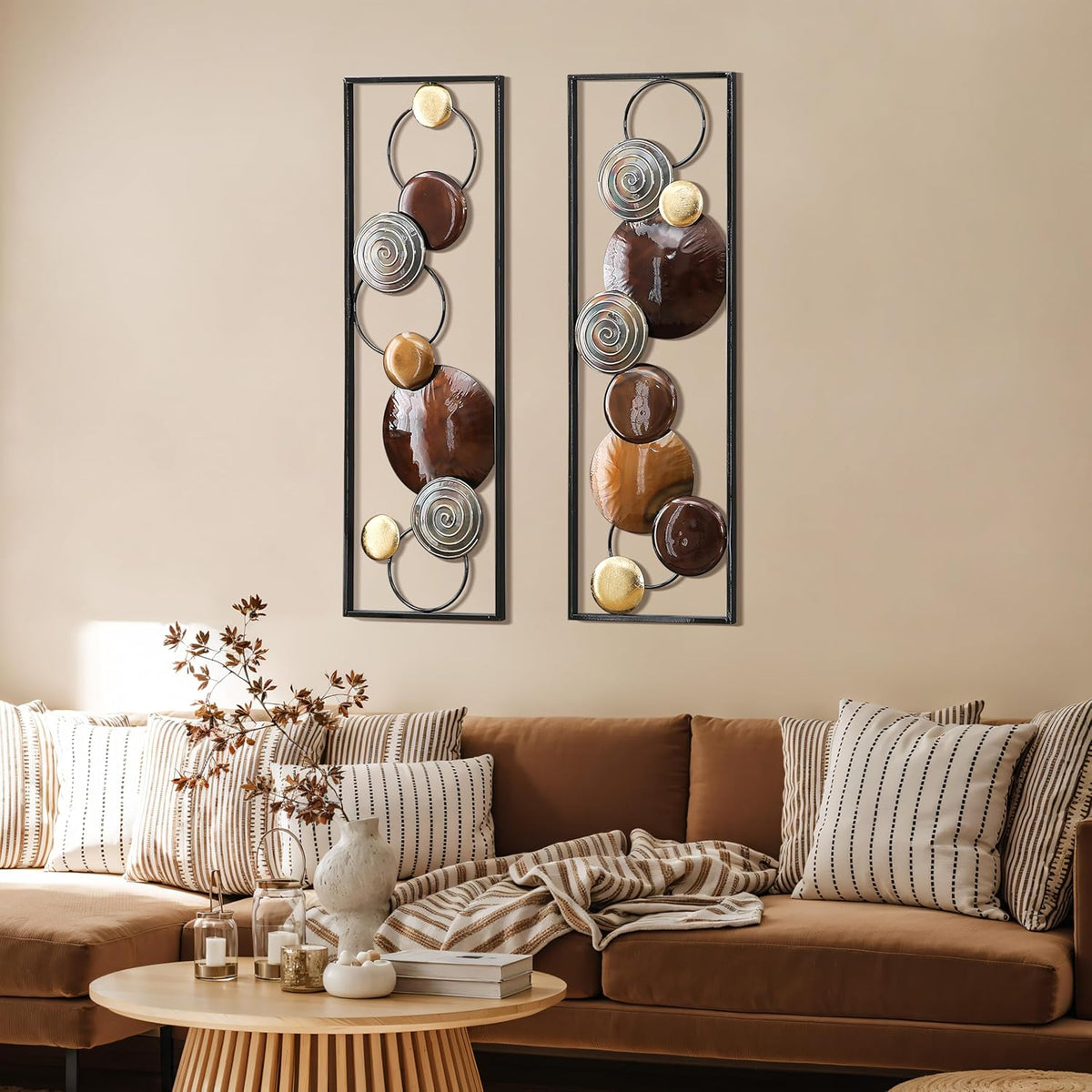 Luxe home Metal Wall Art, 2 Pieces Abstract Wall Décor Brown, 36"X12", Metal Wall Decor, Minimalist Metal Wall Sculptures