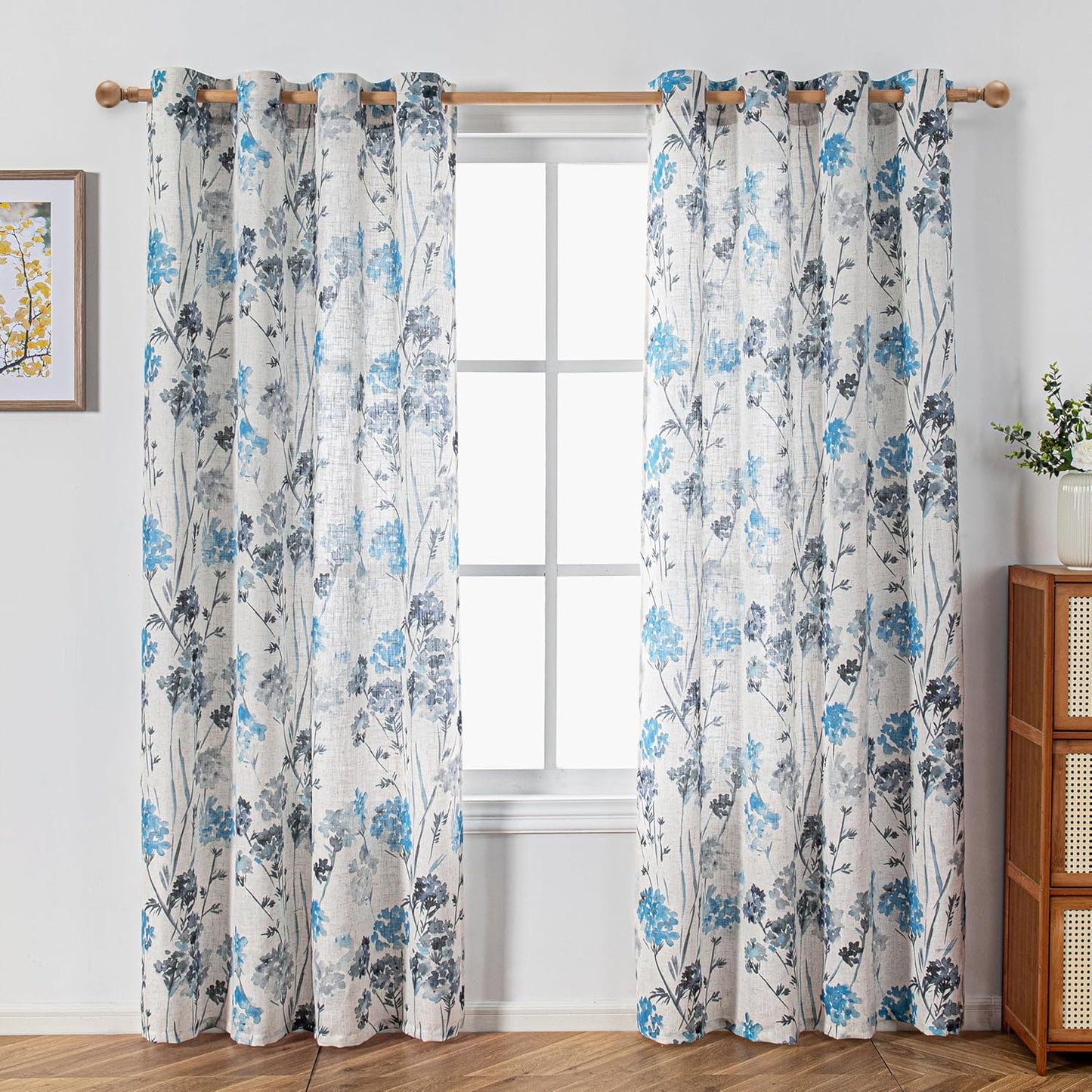 Linen Curtains for Living Room 84 Inch Length 2 Panels with Floral Pattern Semi Sheer Light Filtering, Navy Blue, 2 Pcs