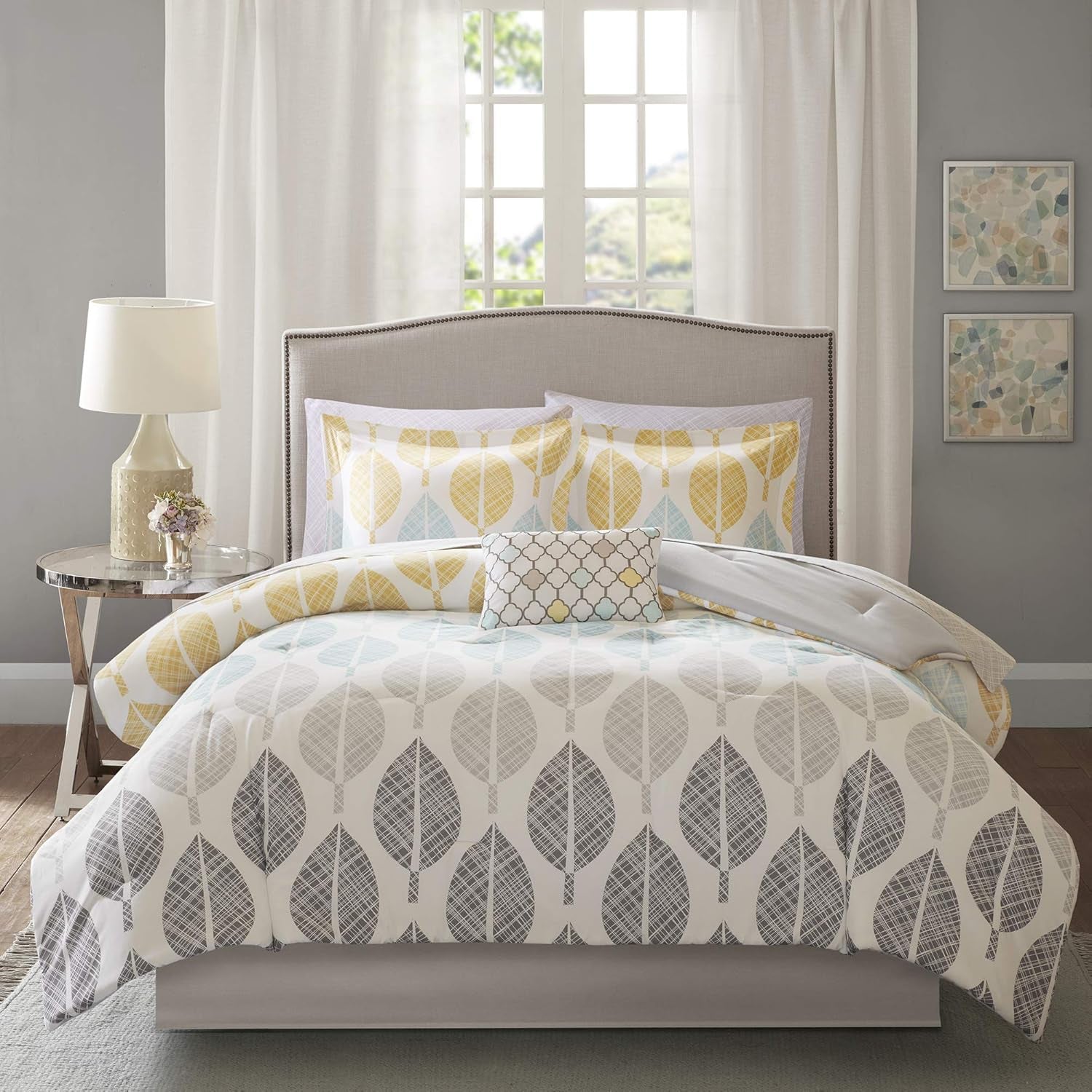Essentials Bed in a Bag Comforter, Vibrant Color Design All Season down Alternative Cover with Complete Cotton Sheet Set, Full(78"X86"), Central Park, Leaf Yellow/Aqua