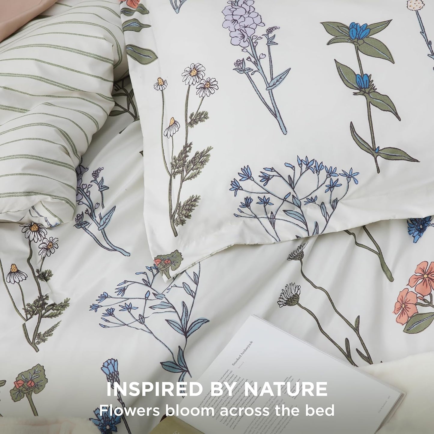 Comforter Set Queen Size - Cute Floral Bedding Comforter Set, 3 Pieces, 1 Soft Reversible Coconut White Botanical Flowers Comforter and 2 Pillow Shams