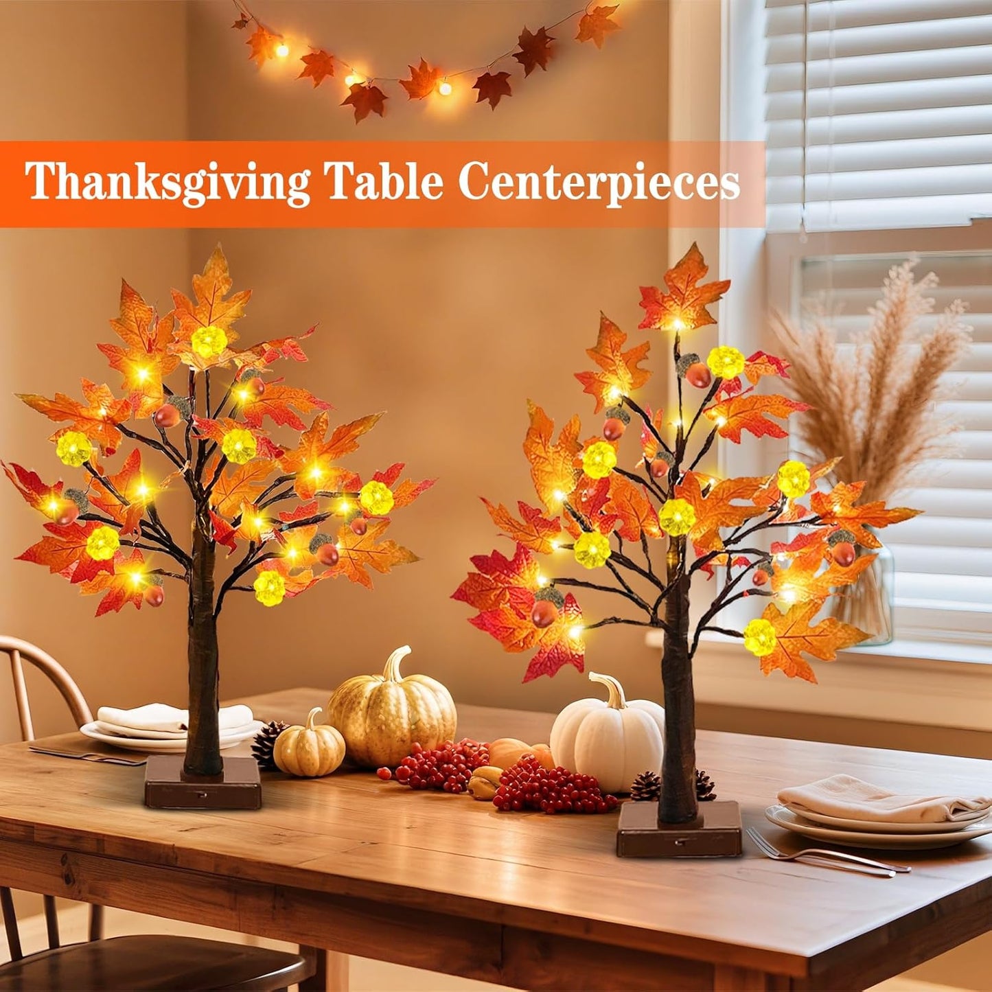 2 Pack 24 Inch Prelit Fall Maple Tree 48Leds Timer Acorn Pumpkin Lights, Battery Operated\