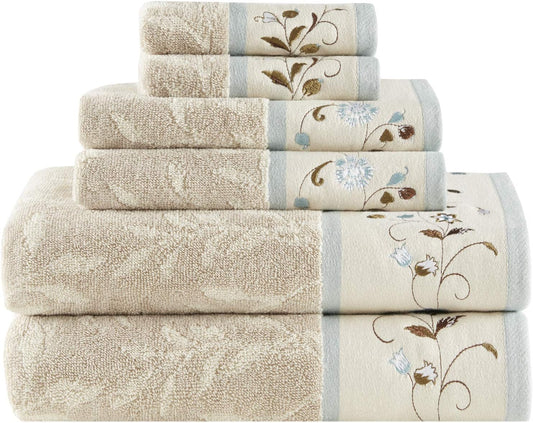 Blue Stripe Luxurious Floral Decorative Towels for Bathroom, 6 Piece