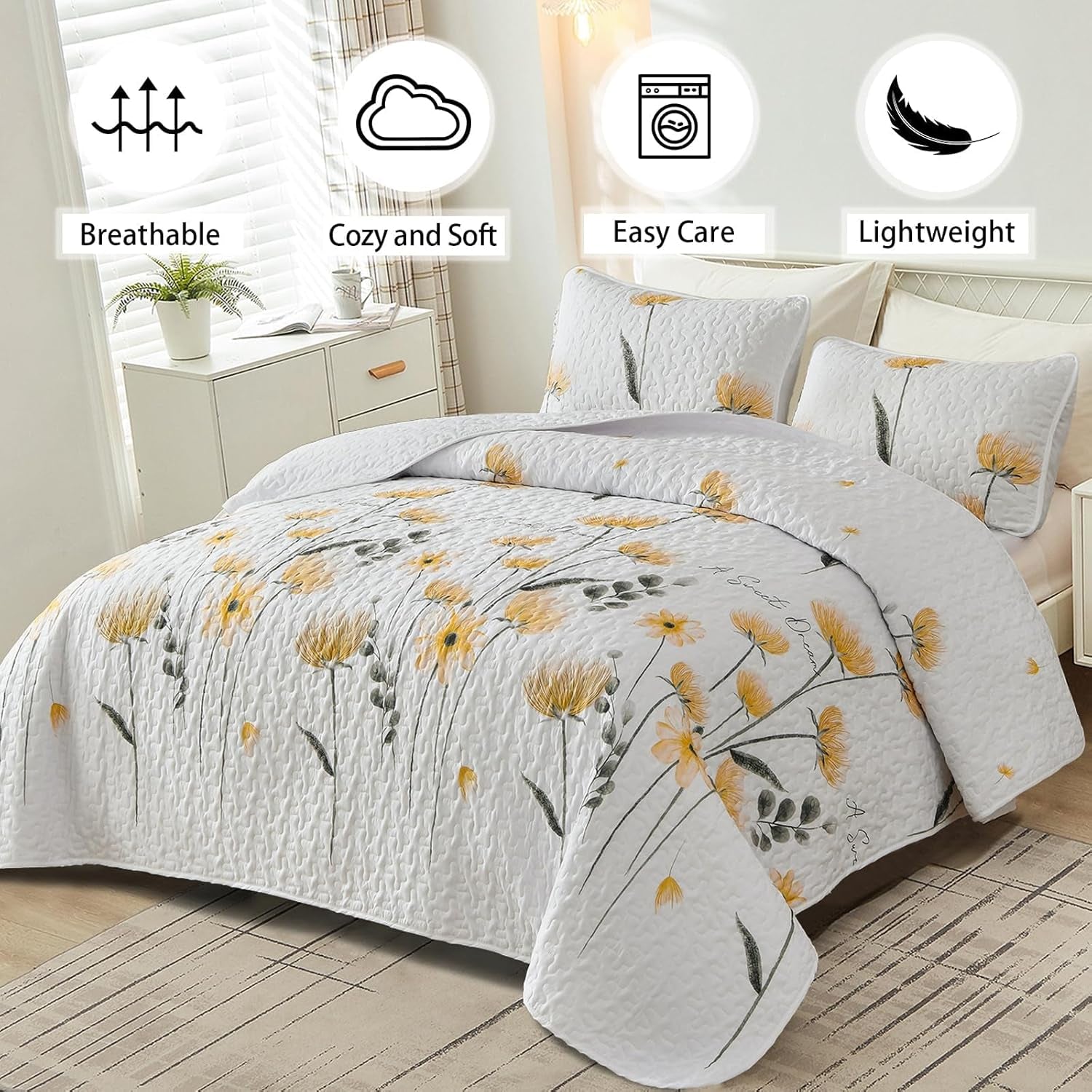 Floral Quilt Set California King Size, Yellow Flower Bedspread Farmhouse Fall Bedding Soft Lightweight Summer Quilts 3 Piece (Cal King,110"X96")