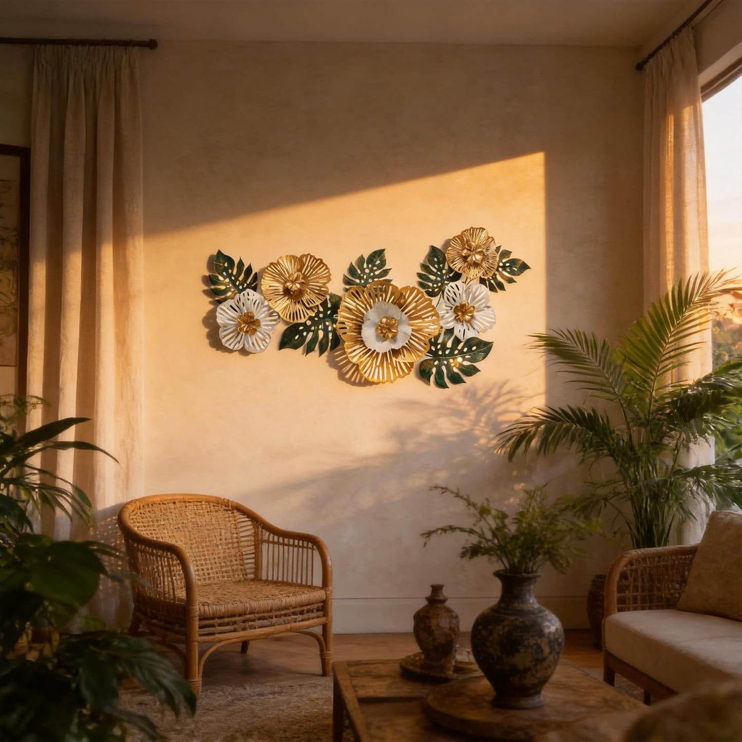 Large Modern Metal Wall Art, 3D Gold, White & Green Monstera Leaf Wall Sculpture, 43.3"L X 18.5"W