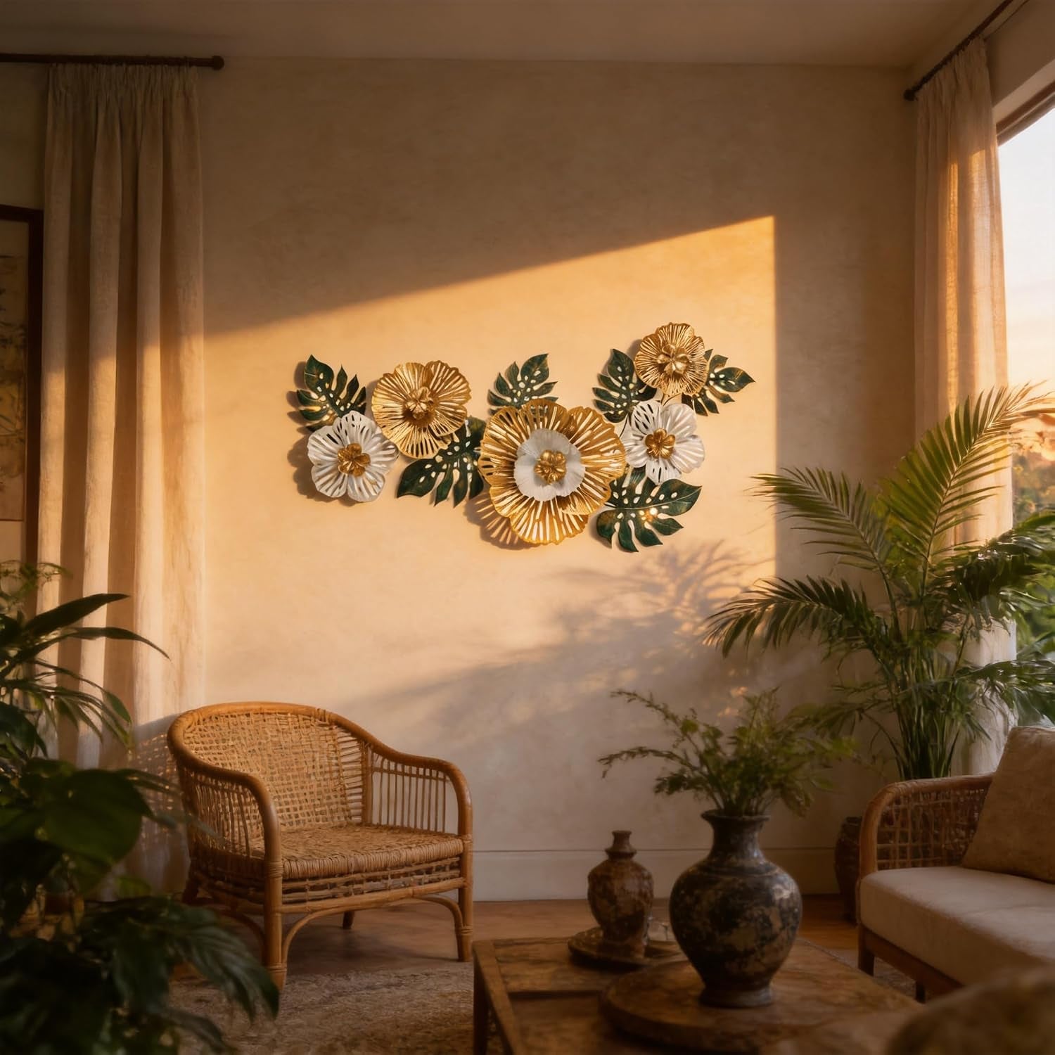 Large Modern Metal Wall Art, 3D Gold, White & Green Monstera Leaf Wall Sculpture, 43.3"L X 18.5"W