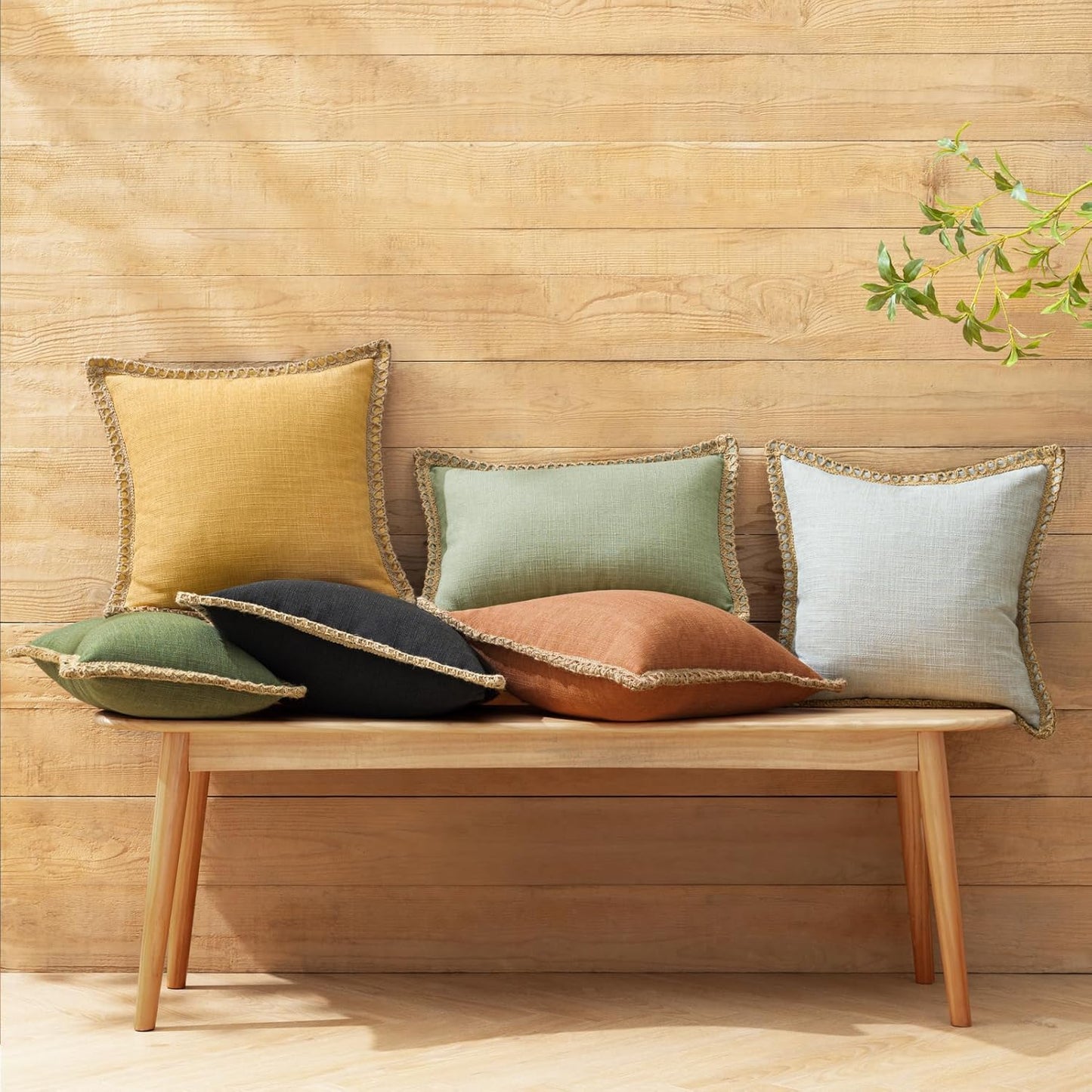 Pack of 2 Farmhouse Decorative Throw Pillow Cover Solid Burlap Linen Trimmed Tailored Edges, Olive Green, 20 X 20 Inches