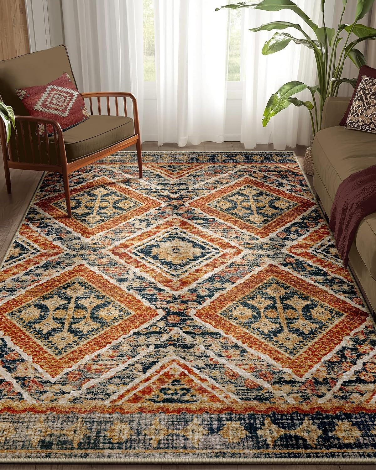Low Pile Print Pattern Western Area Rug 5X7 Non-Slip - Orange/Brown