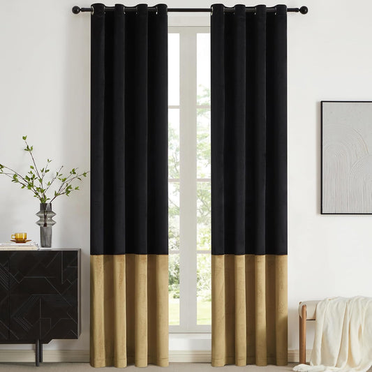 Black Gold Color Block Window Curtains Panels 96 Inches Long Velvet Farmhouse Drapes