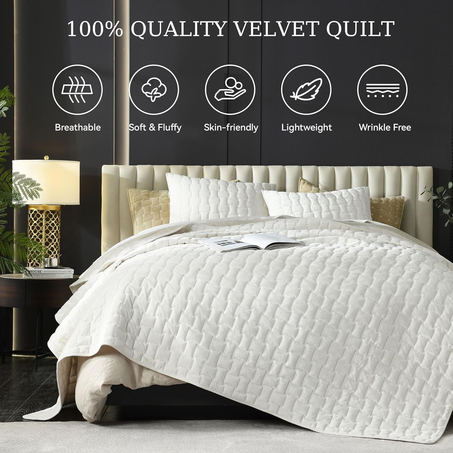 Velvet Quilt King Size - Luxury Cozy Cream White Set, Lightweight 