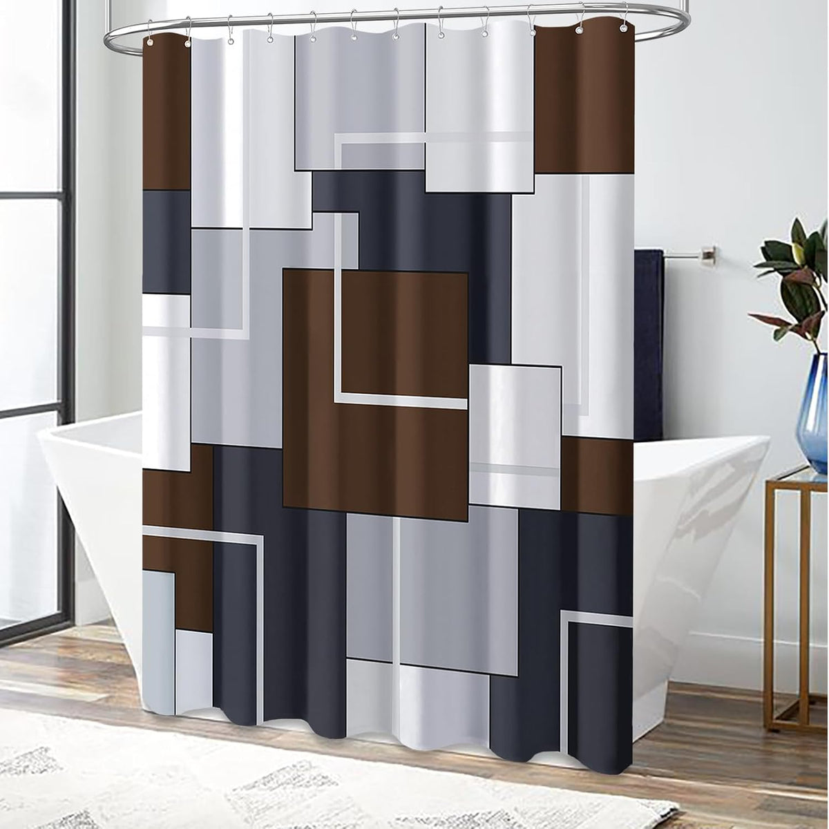 Brown Long Modern Geometric Waterproof Fabric Shower Curtain, 72 X 96