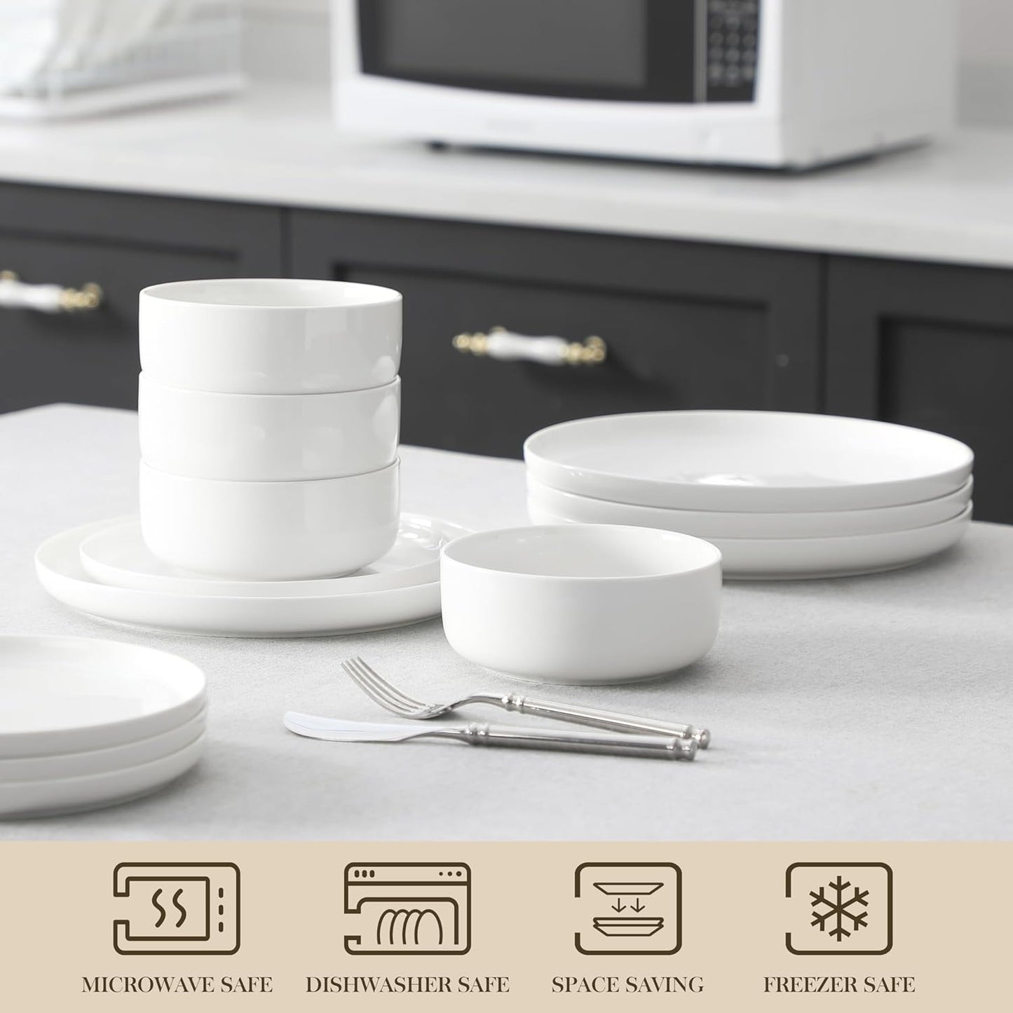 Plates and Bowls Sets, 12 Pieces Porcelain Dinnerware Sets White, Series LUNA